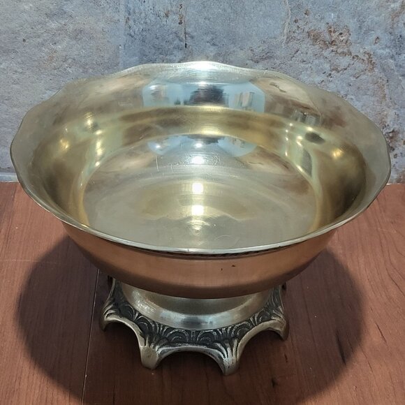 Vintage Solid Brass Pedestal Bowl Embossed Design Arched Base Gentry Scalloped T
